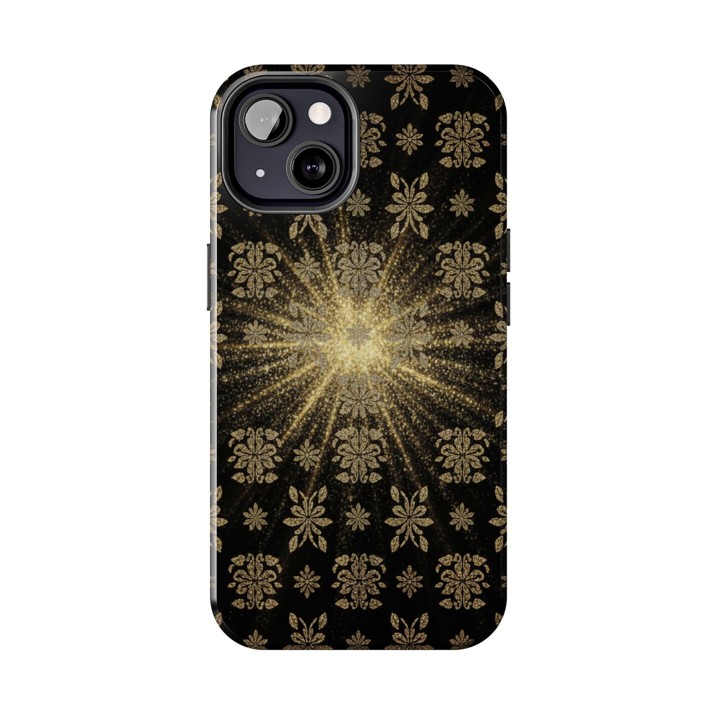 Glitter Burst Tough Phone Case — Black & Gold Floral Protective Cover
