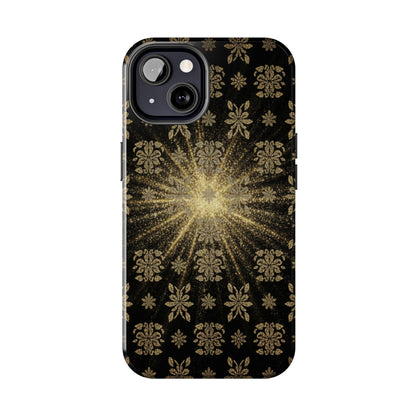 Glitter Burst Tough Phone Case — Black & Gold Floral Protective Cover