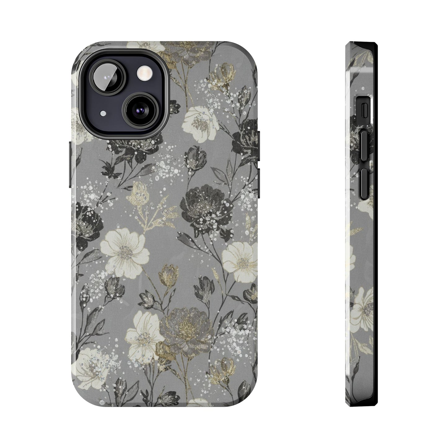 Floral Gray Tough Phone Case — Elegant Protective Phone Cover with Gold Accent