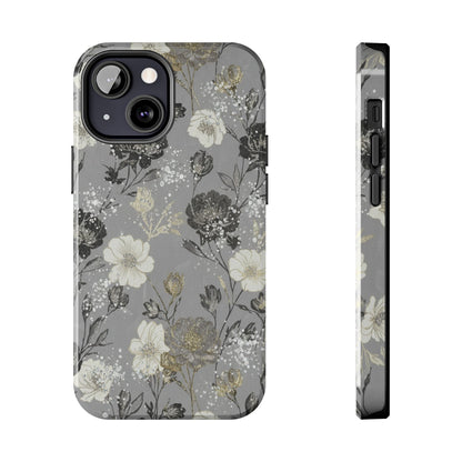 Floral Gray Tough Phone Case — Elegant Protective Phone Cover with Gold Accent