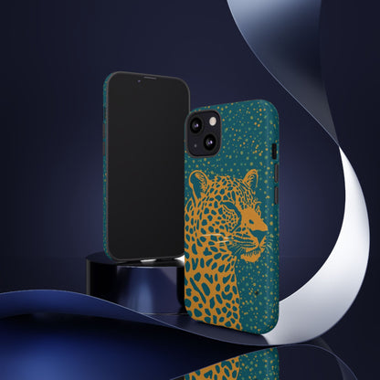 Leopard Print Tough Phone Case — Gold Panther on Teal, Protective iPhone Cover