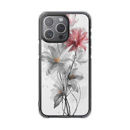 Clear Magnetic Phone Case — Watercolor Pink & Gray Floral Impact Protection