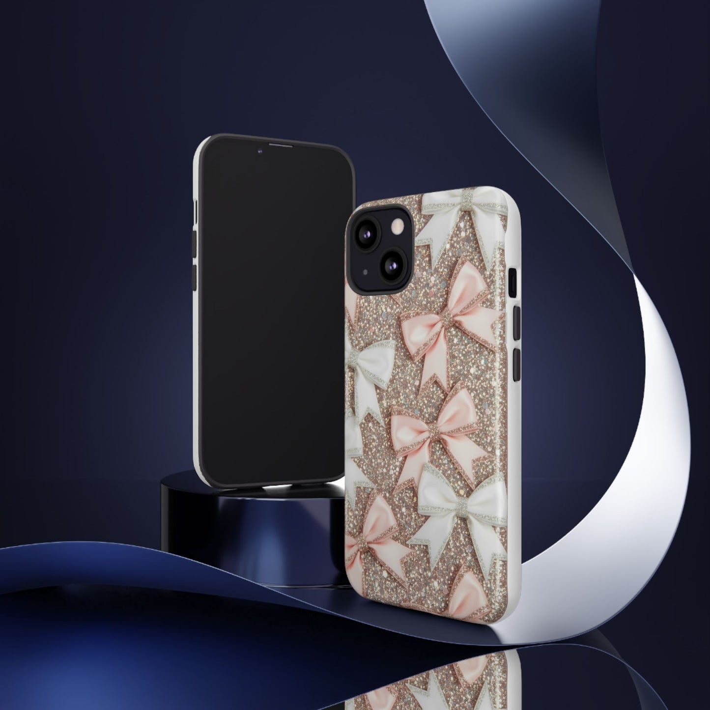 Glitter Bow Tough Phone Case — Pink & White Ribbon Protective Cover