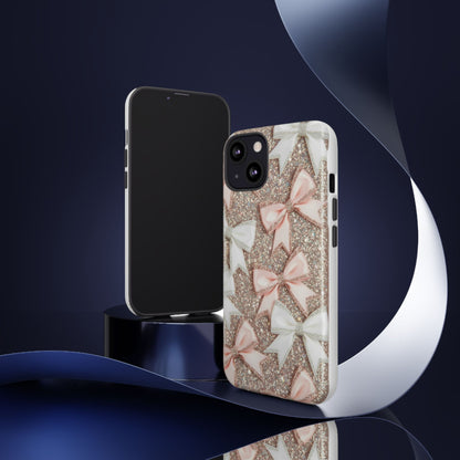 Glitter Bow Tough Phone Case — Pink & White Ribbon Protective Cover