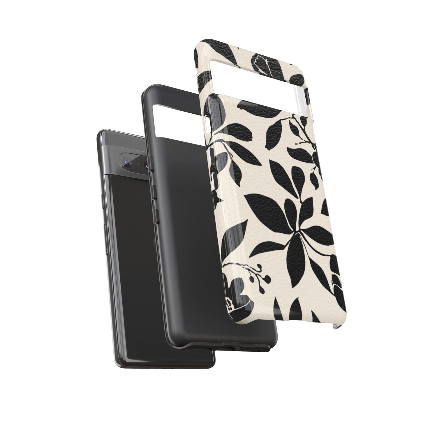 Black Floral Pattern Phone Case — Monochrome Botanical Tough Case