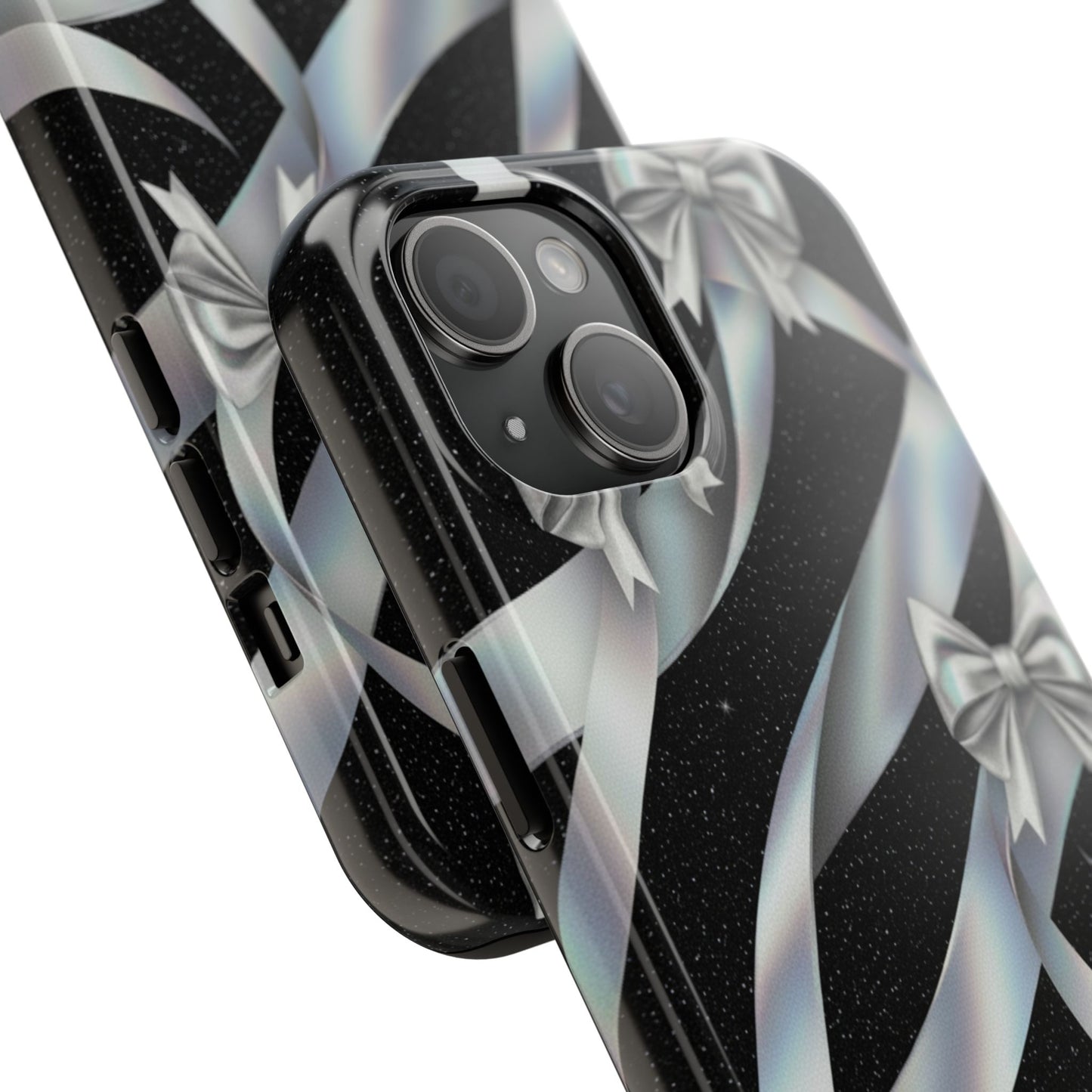 Silver Ribbon Bow Tough Phone Case — Glitter Black Protective Phone Case