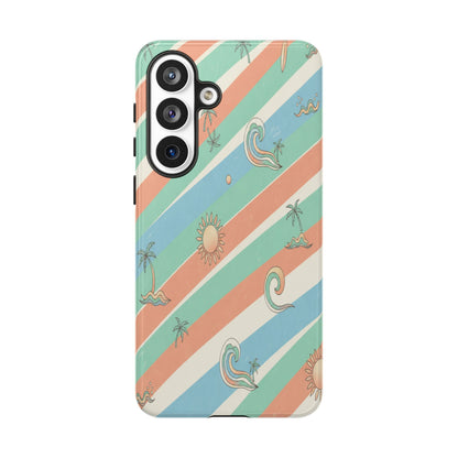 Retro Beach Stripes Phone Case — Sun, Waves & Palm Pattern Tough Case