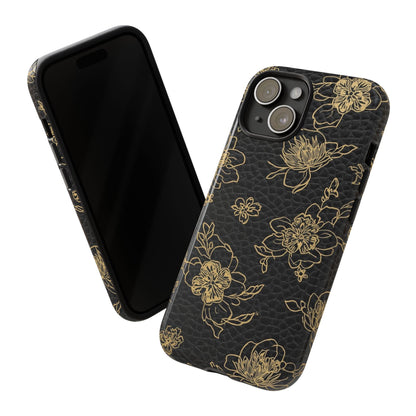 Floral Leather Phone Case — Gold Outline Flowers on Black Tough Case