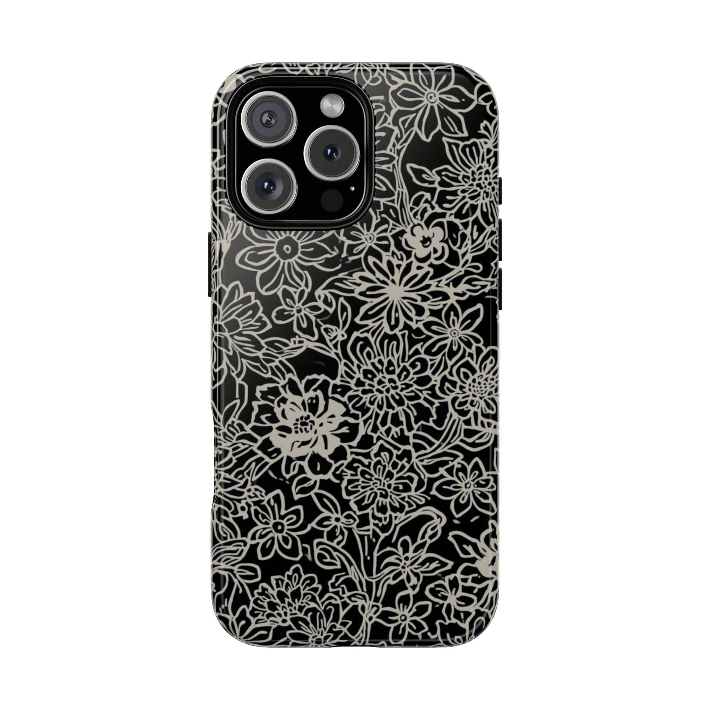 Floral Doodle Tough Phone Case — Black & White Sketch Flower Protective Cover