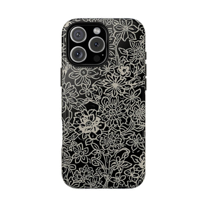 Floral Doodle Tough Phone Case — Black & White Sketch Flower Protective Cover