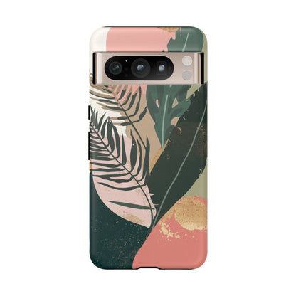 Tropical Leaf Tough Phone Case — Abstract Pink & Green Botanical Protective Cover