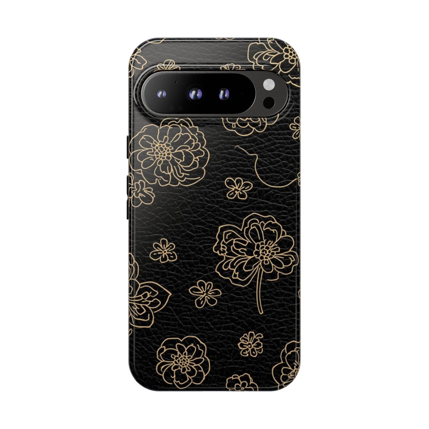Floral Leather-Texture Tough Case – Black Gold Outline Phone Cover