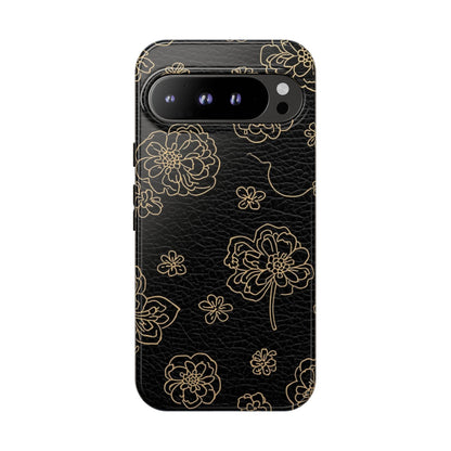 Floral Leather-Texture Tough Case – Black Gold Outline Phone Cover