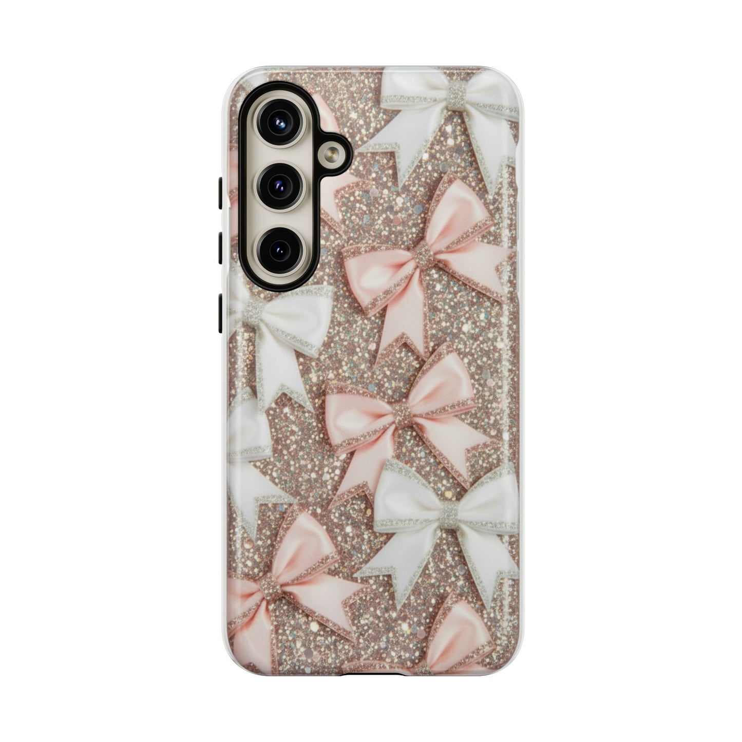 Glitter Bow Tough Phone Case — Pink & White Ribbon Protective Cover