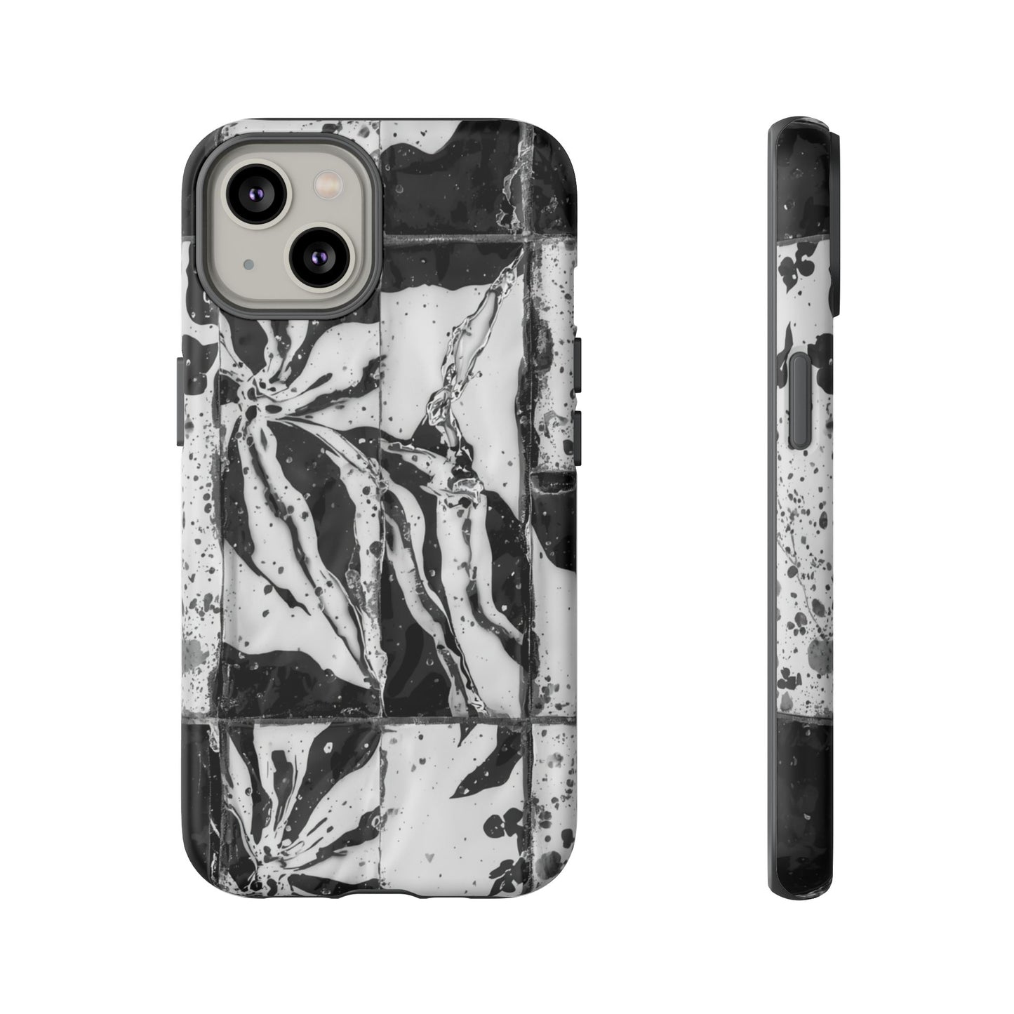 Monochrome Tile Floral Tough Phone Case