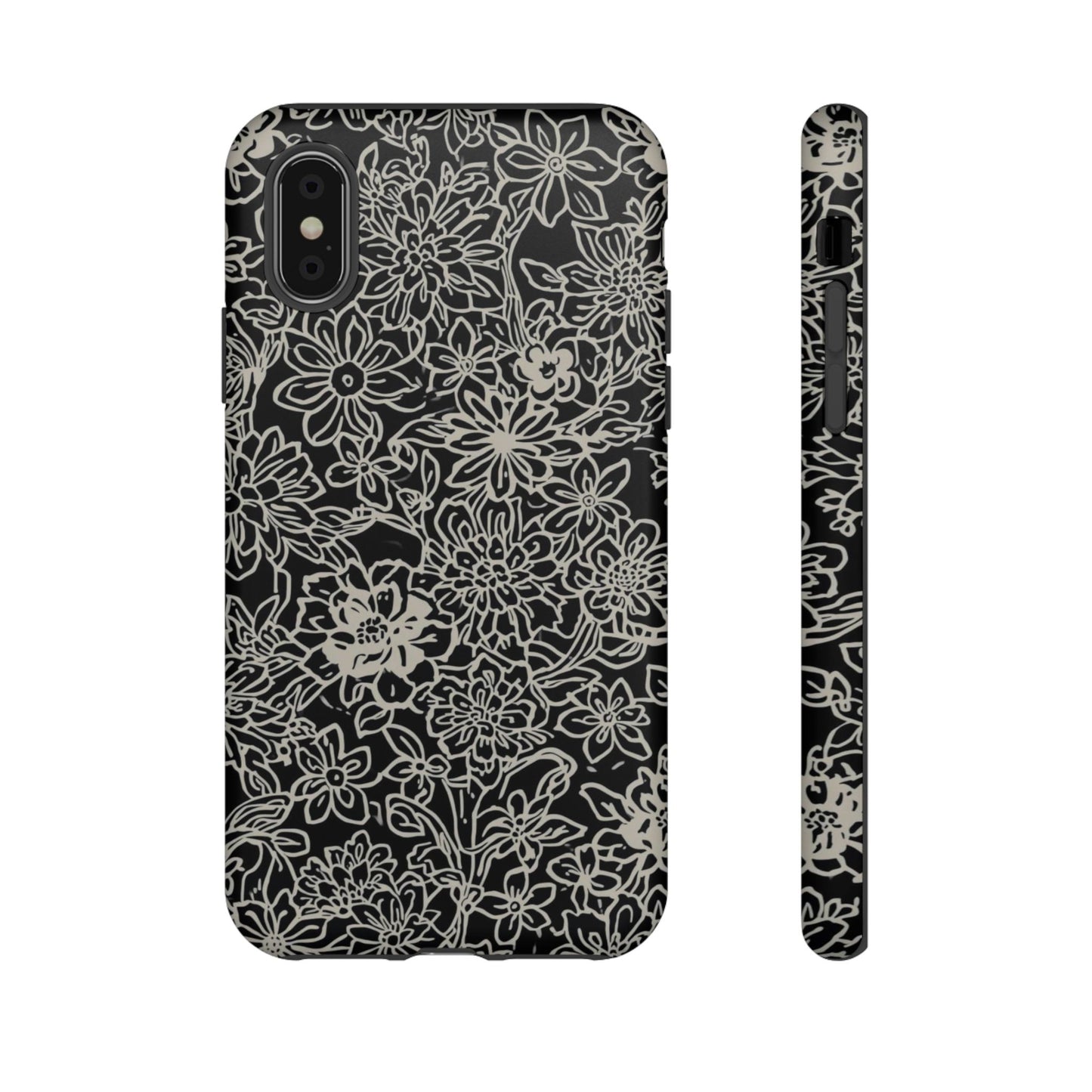Floral Doodle Tough Phone Case — Black & White Sketch Flower Protective Cover