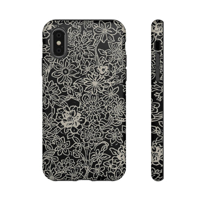 Floral Doodle Tough Phone Case — Black & White Sketch Flower Protective Cover