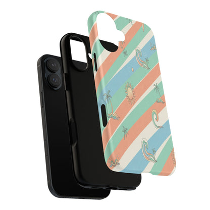 Retro Beach Stripes Phone Case — Sun, Waves & Palm Pattern Tough Case