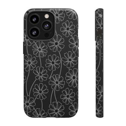 Floral Doodle Tough Phone Case — Black & Gray Daisy Pattern