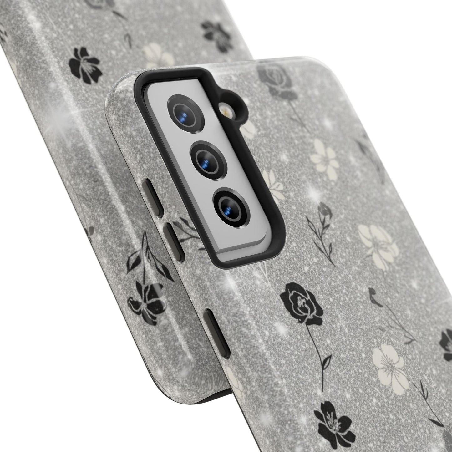 Floral Glitter Tough Phone Case — Black & Silver Vintage Flower Protective Cover