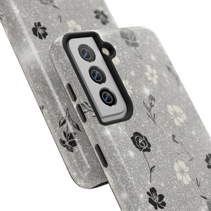 Floral Glitter Tough Phone Case — Black & Silver Vintage Flower Protective Cover
