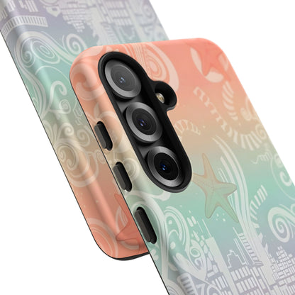 Tough Cases: Pastel Beach Pattern Phone Case — Starfish & Coastal Cityscape Protective Cover