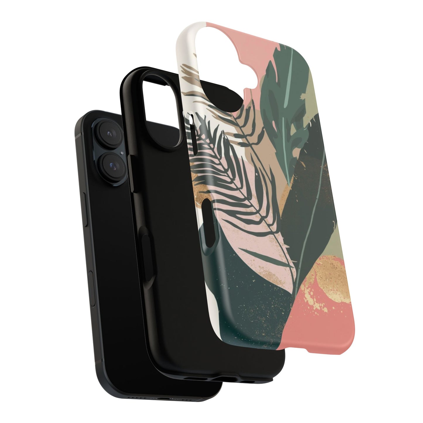 Tropical Leaf Tough Phone Case — Abstract Pink & Green Botanical Protective Cover