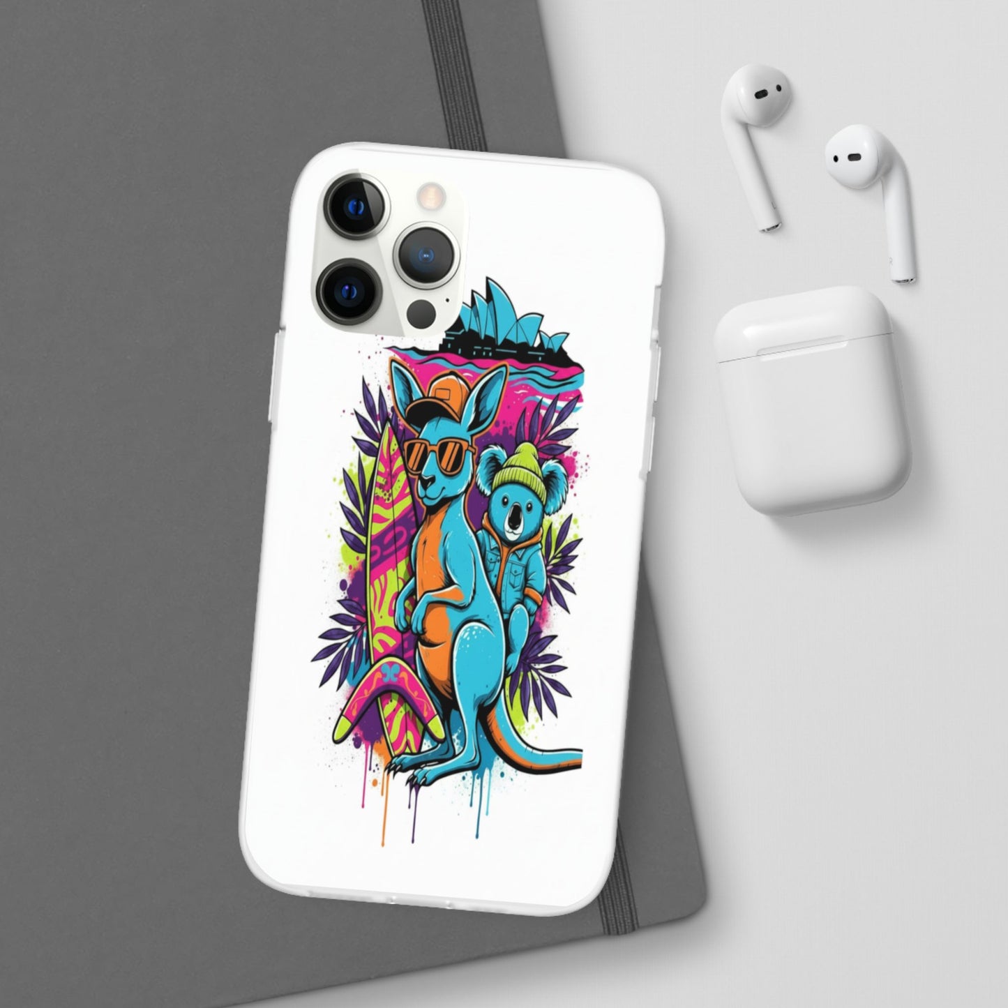 Kangaroo & Koala Surf Phone Case — Neon Aussie Beach Vibes Flexible Case
