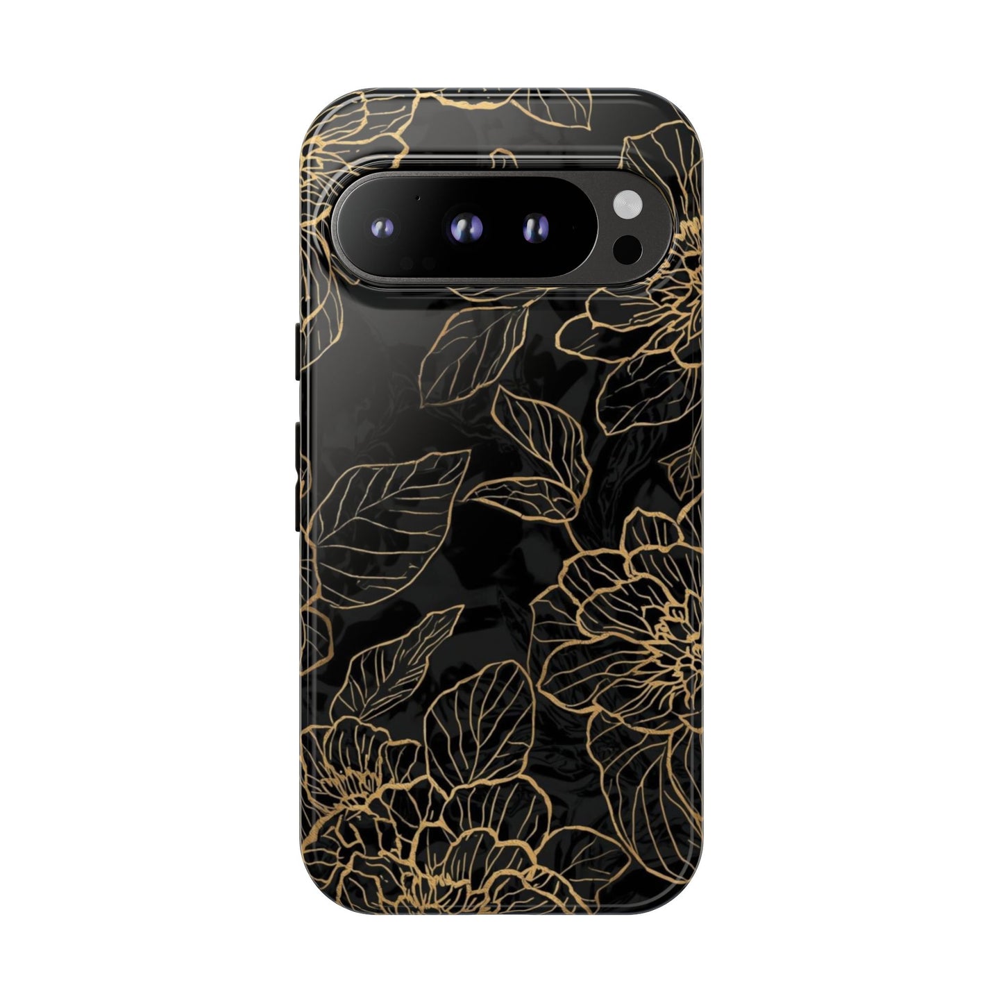 Floral Gold Outline Tough Phone Case – Black Botanical Protective Cover