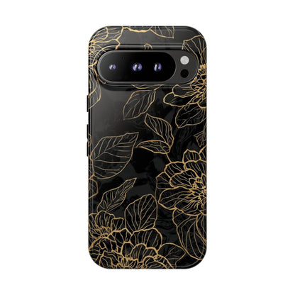 Floral Gold Outline Tough Phone Case – Black Botanical Protective Cover