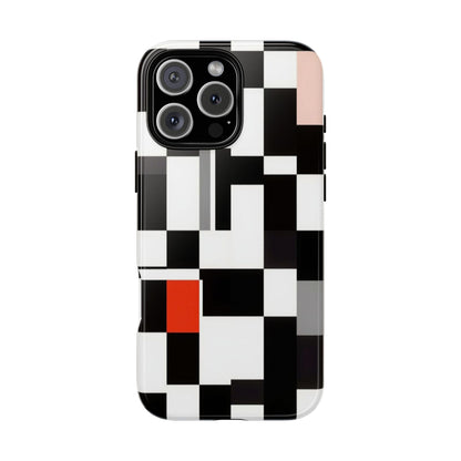 Abstract Geometric Phone Case – Black & White Checker Grid with Red Accent