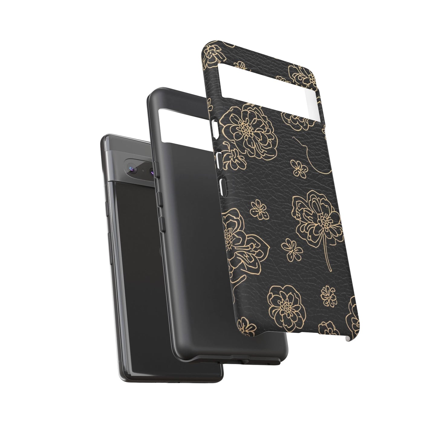 Floral Leather-Texture Tough Case – Black Gold Outline Phone Cover