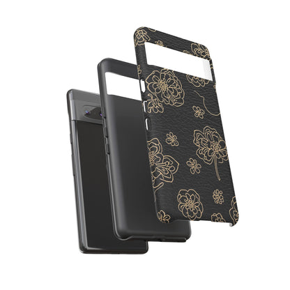 Floral Leather-Texture Tough Case – Black Gold Outline Phone Cover