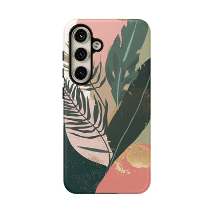 Tropical Leaf Tough Phone Case — Abstract Pink & Green Botanical Protective Cover
