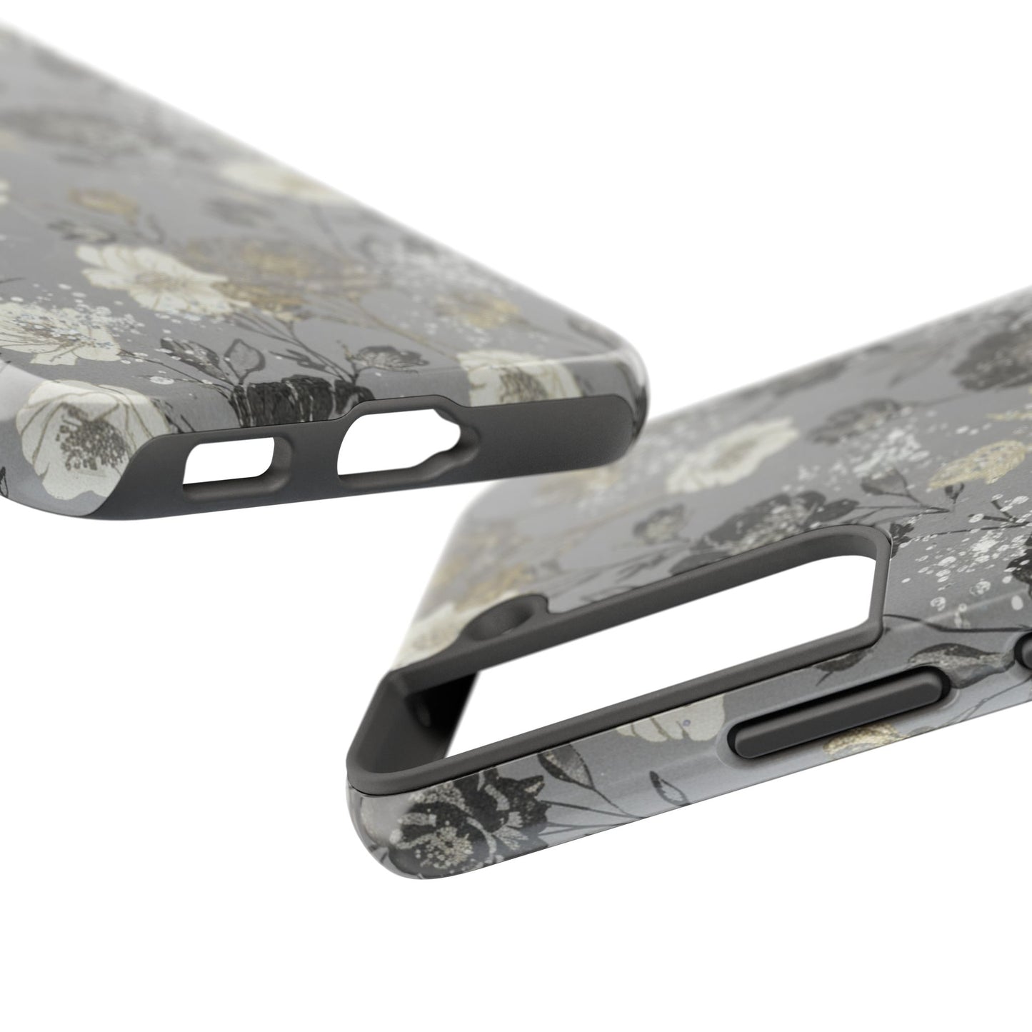 Floral Gray Tough Phone Case — Elegant Protective Phone Cover with Gold Accent