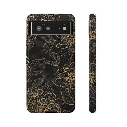Floral Gold Outline Tough Phone Case – Black Botanical Protective Cover