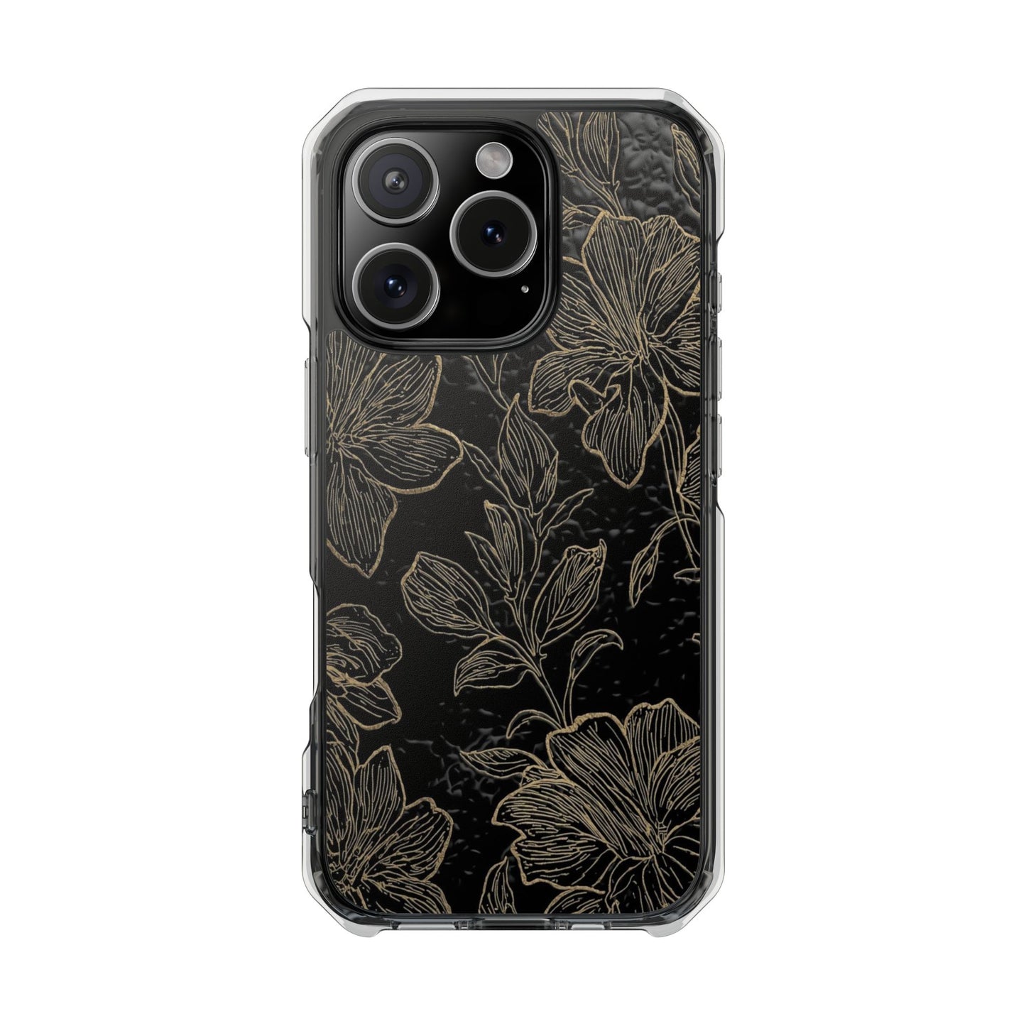 Floral Sketch Magnetic Clear Phone Case — Black & Gold Botanical Impact Case