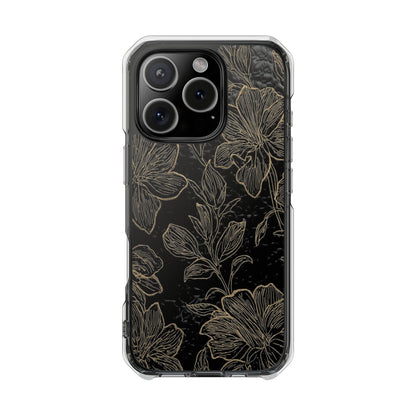 Floral Sketch Magnetic Clear Phone Case — Black & Gold Botanical Impact Case