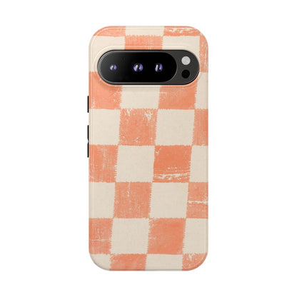 Peach Checkerboard Tough Phone Case — Retro Distressed Grid Design