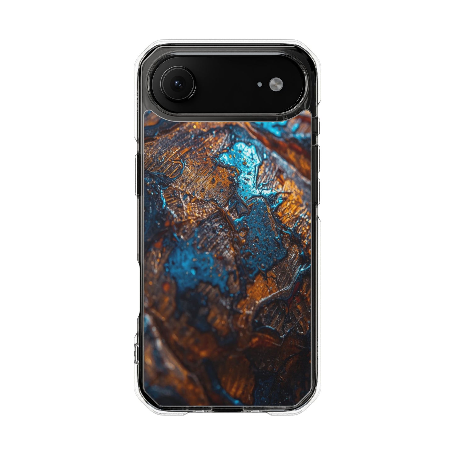 Magnetic Clear Phone Case — Blue & Copper Abstract Tortoise Impact Design