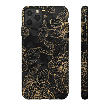 Floral Gold Outline Tough Phone Case – Black Botanical Protective Cover