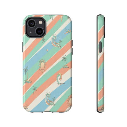 Retro Beach Stripes Phone Case — Sun, Waves & Palm Pattern Tough Case