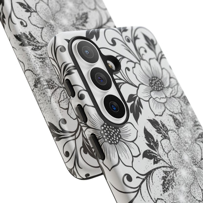Floral Lace Phone Case — Black & White Vintage Flower Protective Case