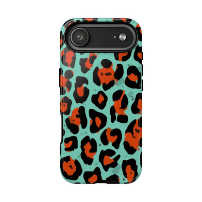 Leopard Print Tough Phone Case — Teal & Rust Protective iPhone Cover