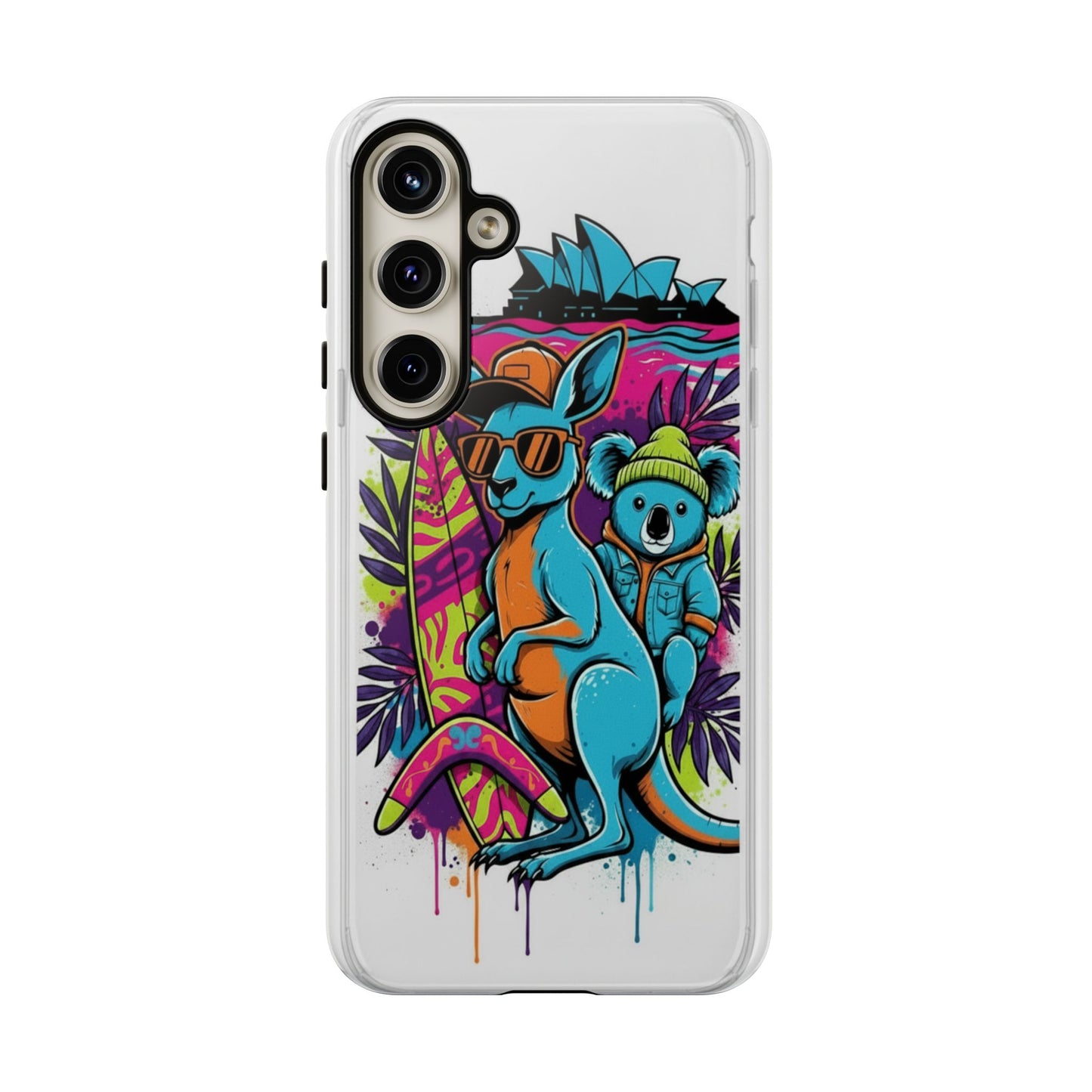 Kangaroo & Koala Surf Phone Case — Retro Neon Beach Art Tough Case