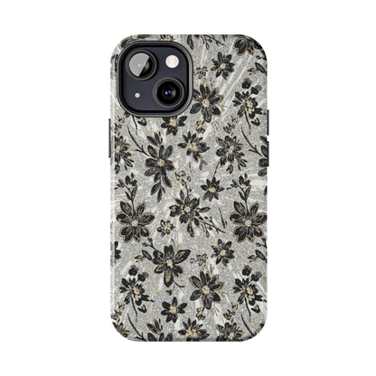 Floral Vintage Tough Phone Case — Black & Gray Rustic Flower Protective Case