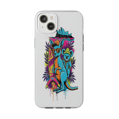 Kangaroo & Koala Surf Phone Case — Neon Aussie Beach Vibes Flexible Case