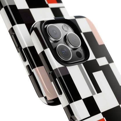 Abstract Geometric Phone Case – Black & White Checker Grid with Red Accent
