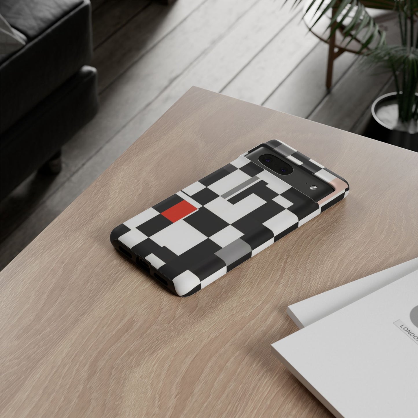Abstract Geometric Phone Case – Black & White Checker Grid with Red Accent