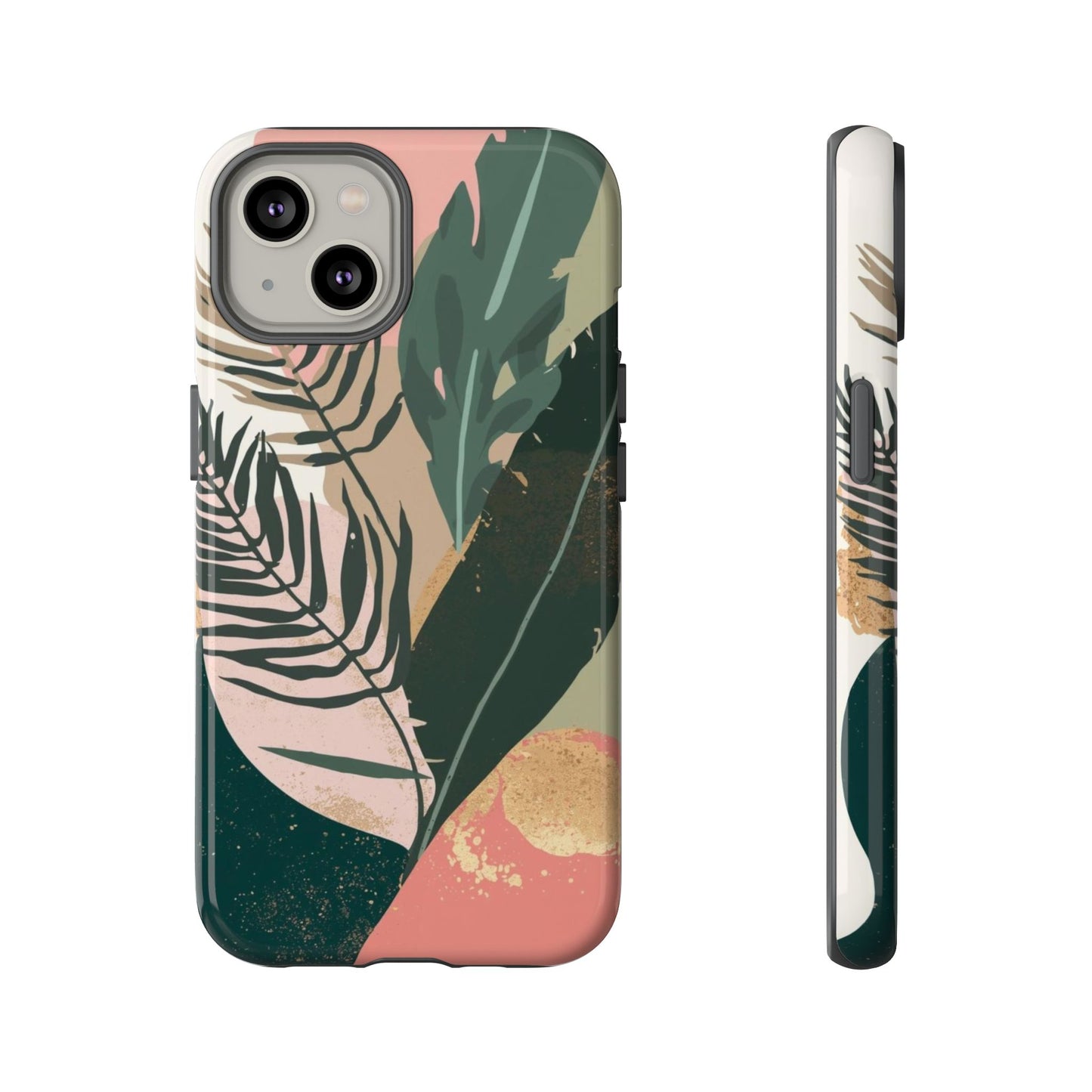 Tropical Leaf Tough Phone Case — Abstract Pink & Green Botanical Protective Cover